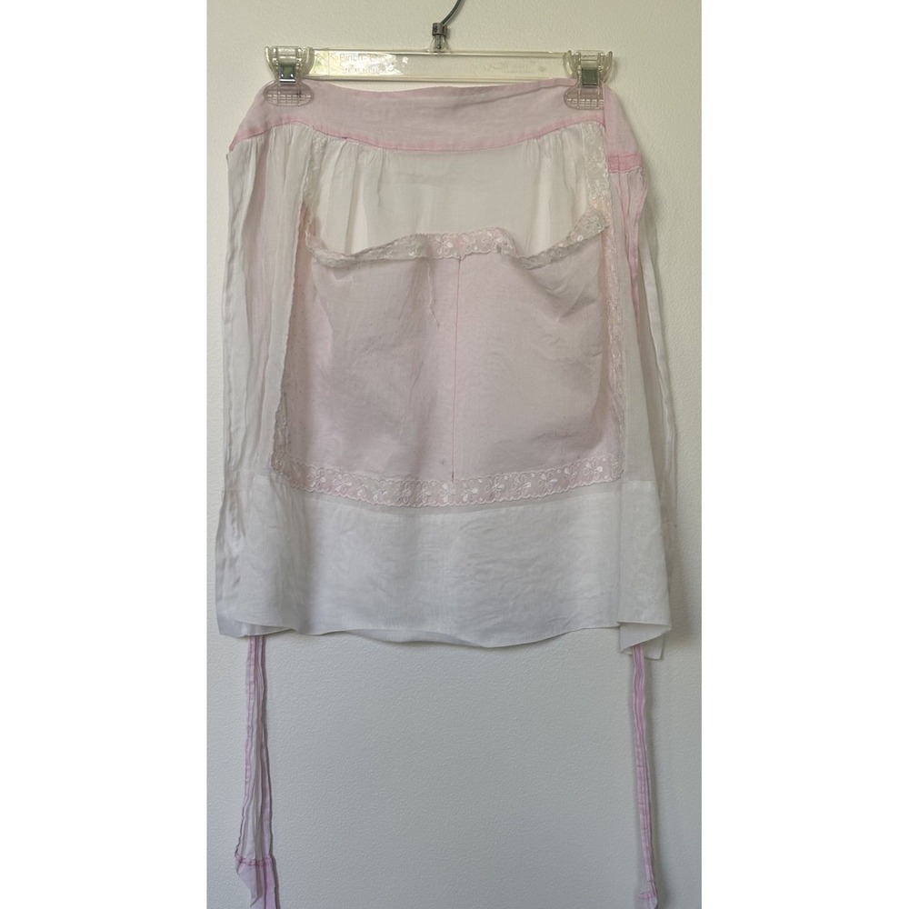 Vintage 1950s Half Apron Pink Sheer Hostess Apron w/White Panels, Lace Trim